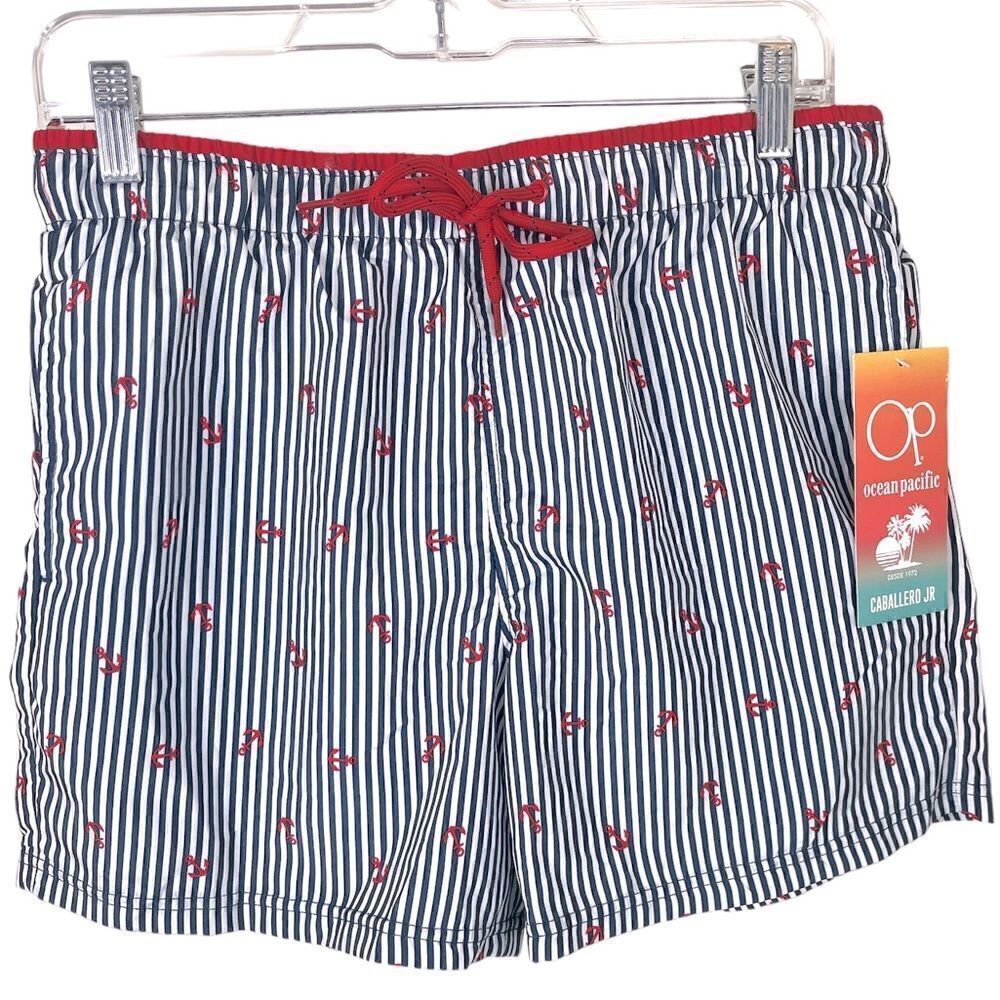 OP Men’s Swim Trunks NWT Navy/White Vertical Striped w/Red Anchors Elastic Waist